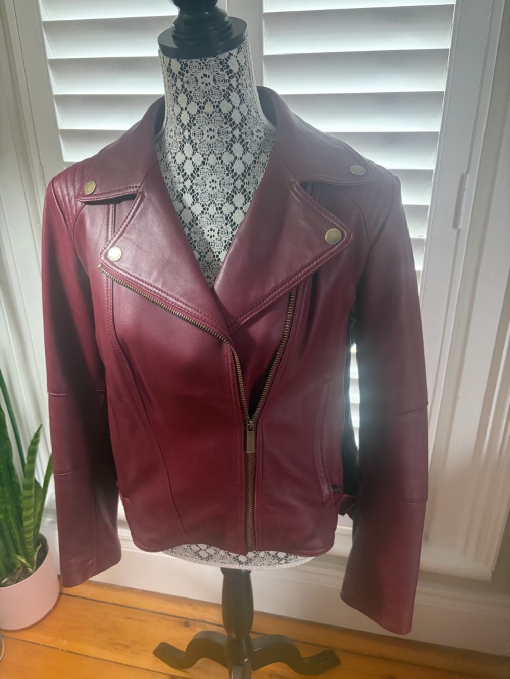 Michael Kors Burgundy Leather Moto Jacket with Brass Hardware